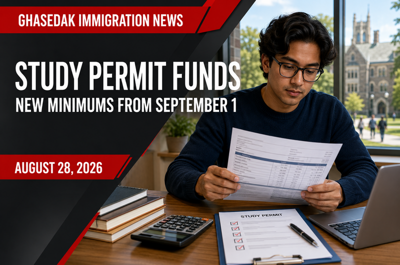 Ghasedak immigration news graphic about new study permit proof-of-funds minimums, dated August 28, 2026