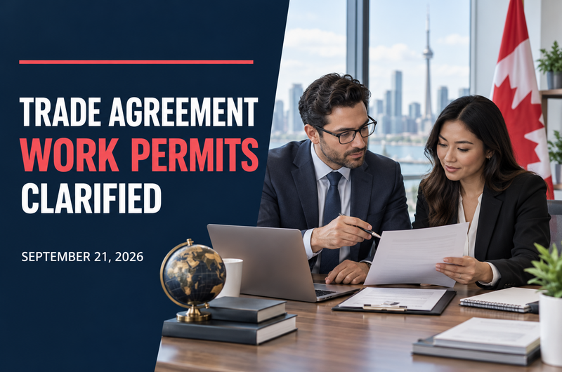 Ghasedak immigration news graphic dated September 21, 2026 about clarified trade-agreement work-permit rules