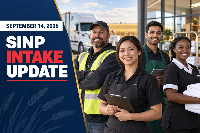 Ghasedak news graphic dated September 14, 2026 about the Saskatchewan SINP capped-sector intake update