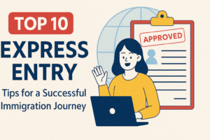 Woman applying online for Express Entry with "Approved" status and global backdrop