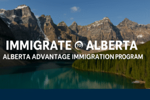 Scenic view of Moraine Lake in Alberta with text overlay: "Immigrate to Alberta – Alberta Advantage Immigration Program